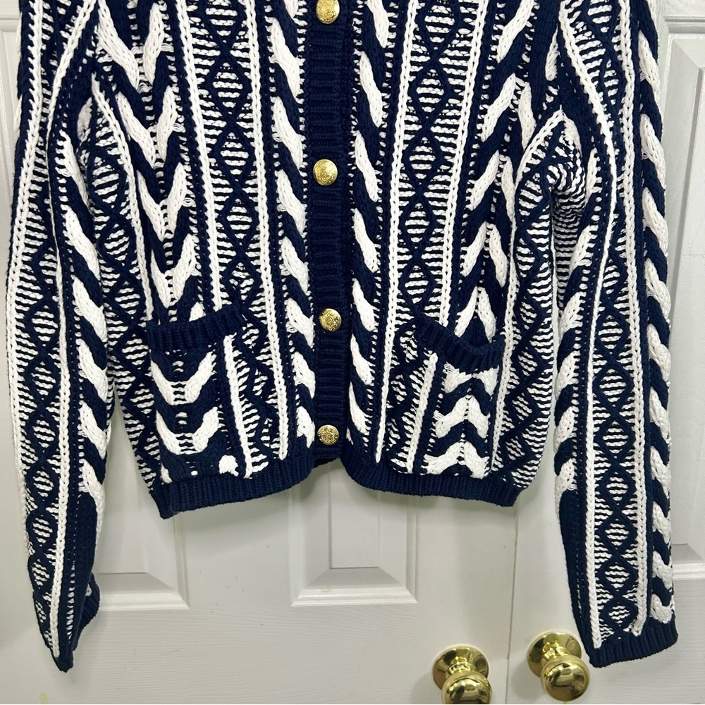 NWOT Martha Stewart Navy & White Preppy Gold Button Cardigan Sweater Size Medium - Picture 4 of 16